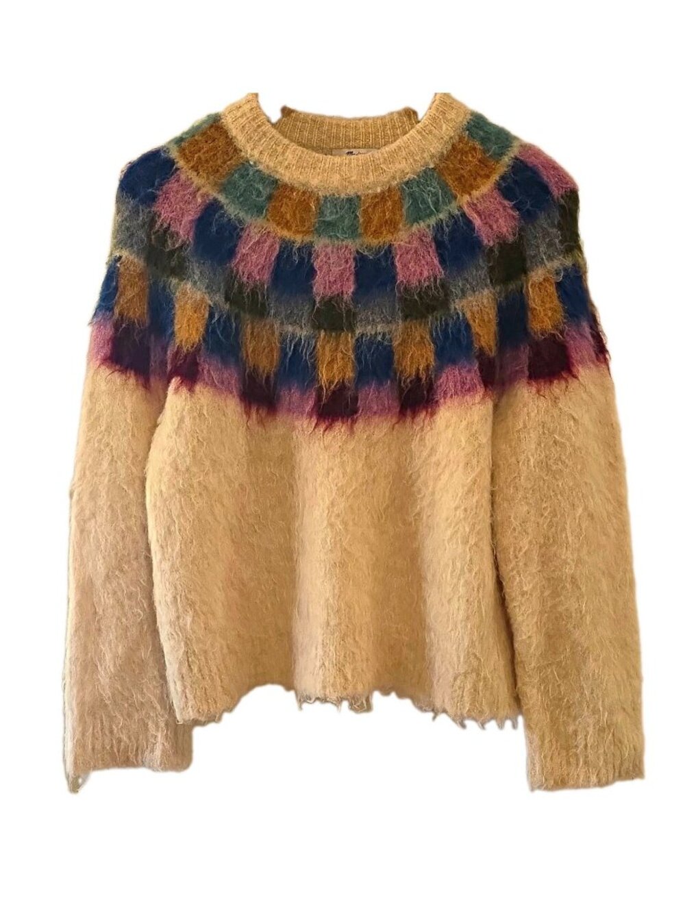 Madewell Womens XS Sweater Fuzzy Fair Isle Crewneck Wool Alpaca Boho Pullover